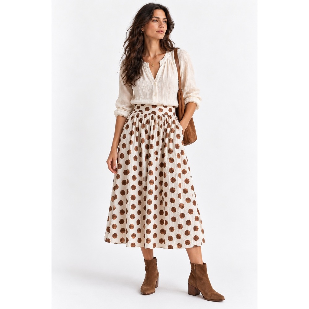 Mango MNG Elna Polka Dot Cotton Midi Skirt Brown Cream NWT M